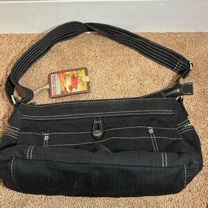 Fossil World Traveler Canvas Bag Purse  Black Hotel Luggage Tag Shoulder Strap